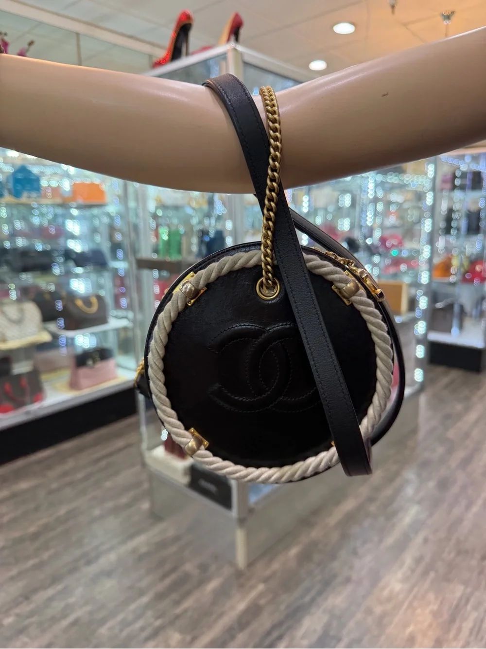 CHANEL Black Round Leather Crossbody with Cream Rope and Gold Hardware